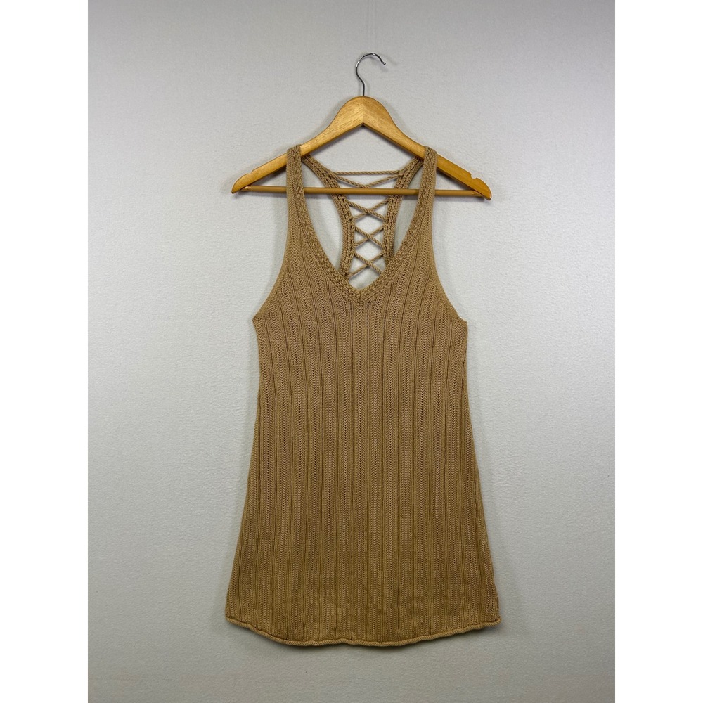 Boho American Eagle Womens Medium Tan Ribbed Knit Lace Up Back Tank Dress